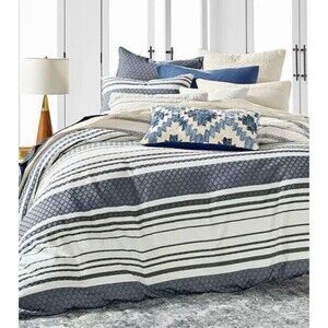 Lucky Brand Stripe Cotton FULL / QUEEN Duvet & Shams Set Navy / White